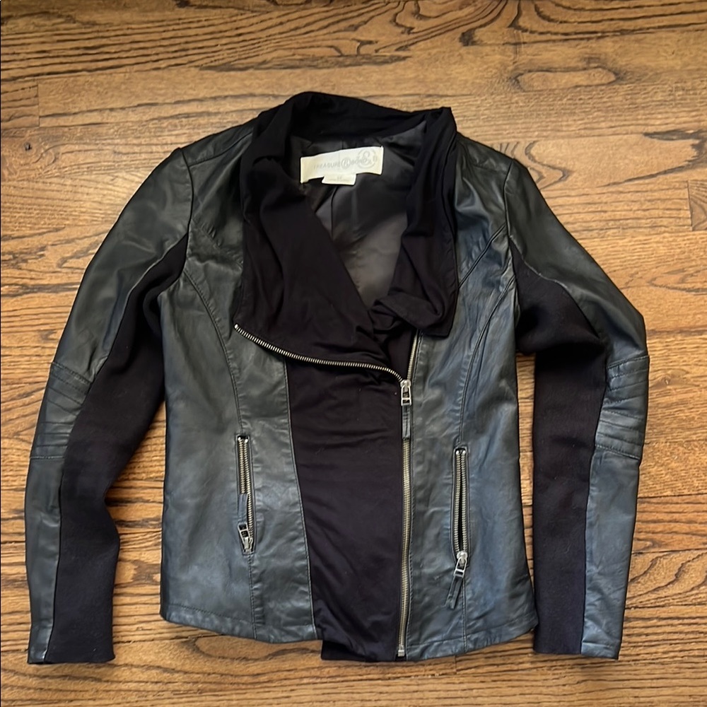Treasure & Bond Drape Front Leather Moto Jacket